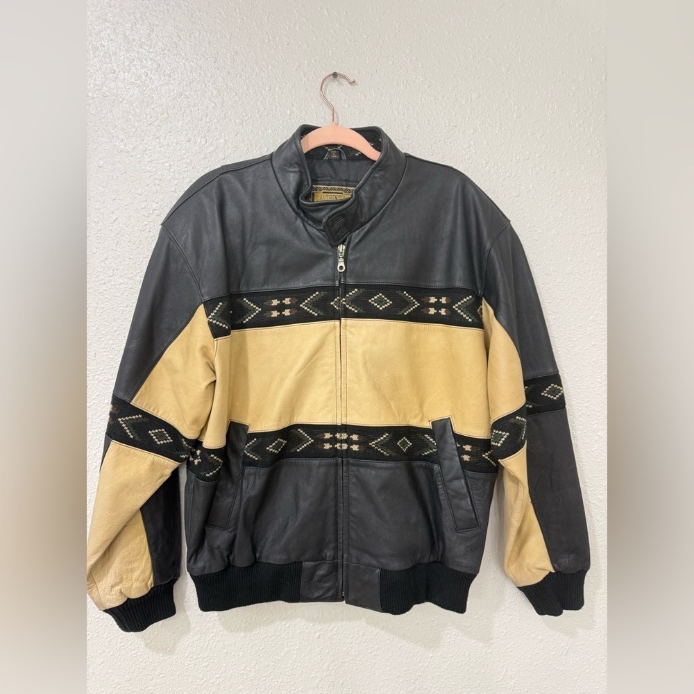 Vintage Adler Leather Aztec Jacket Mens Sz M Black Beige Western
